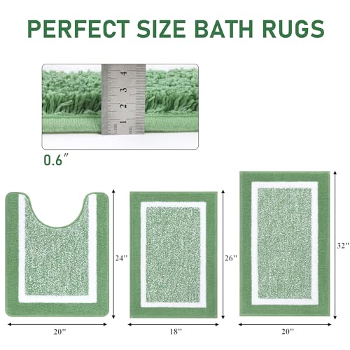 Pauwer 3 Piece Bathroom Shower Rugs with U-Shaped Contour Toilet Mat, Absorbent Microfiber Plush Bath Mats, Non Slip, Machine Washable Shaggy Bathroom Floor Mats, Green