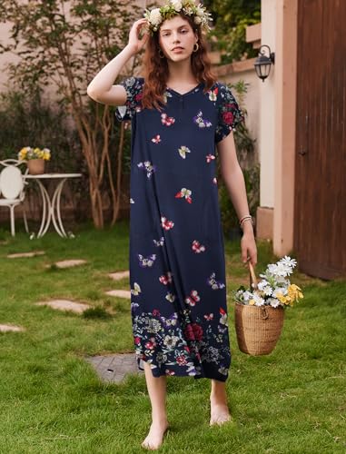 Image of Ekouaer Long Nightgown Women's Loungewear Short Sleeve Sleepwear Full Length Sleep Shirt with Pockets