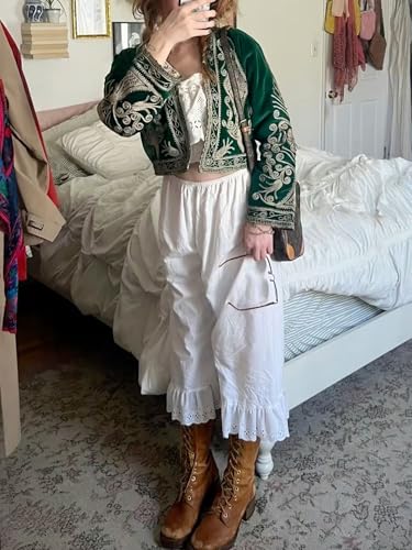 Sunloudy Women Lace Trim Long Bloomers Elastic Waist Ruffle Pettipants Slip Under Dress Pantaloons Vintage Wide Leg Half Slip2