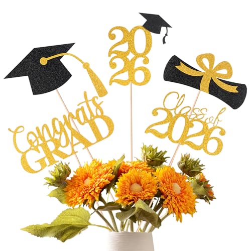 Image of Graduation Decorations 2026, 20 PCS Sparkling Black and Gold Double-Sided Centerpiece Sticks for Tables, Class of 2026 Table Toppers and Party Supplies