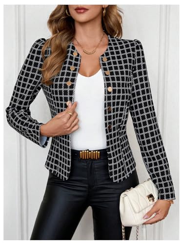 SweatyRocks Women's Plaid Jackets Puff Long Sleeve Button Office Suit Jacket Outerwear3