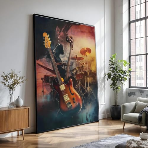 XINBAO Toile représentant des instruments de jazz vintage, une contrebasse et une batterie, décoration murale, tableau de scène de groupe rétro, art pour...