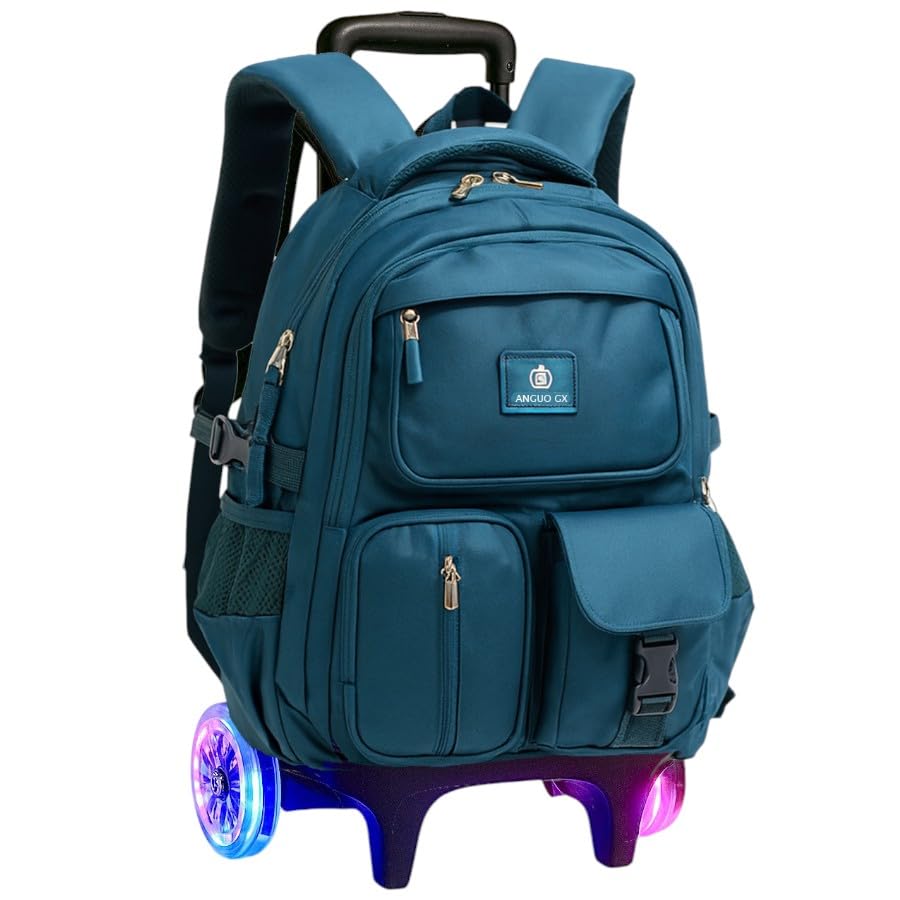 Mochila Escolar com Rodinhas LED, 3 Compartimentos, 4 Bolsos, Alça Dupla, resistente e regulagem de altura, Unisex (Azul)