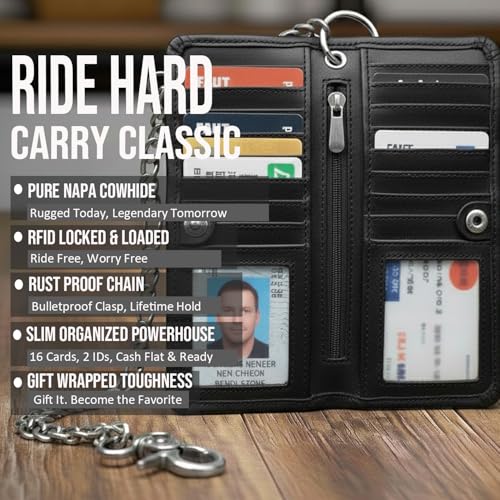 Image of CLASSIC Motorcycle Chain Wallet for Men - Premium Cowhide Leather, RFID Bi-Fold Biker Wallet with Heavy Duty Chain for Bikers Truckers & Hunters, Credit Card Money Organizer Long Wallet Aniline Black