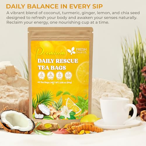 Image of FreshDrinkUS, Premium 40 Tea Bags Daily Rescue Lemon Ginger Tea - 9 Superherbs - 100% Natural Ingredients, Tea Mix for Wellness Boost - Shelf-Stable, Caffeine-Free, Sugar-Free, Vegan