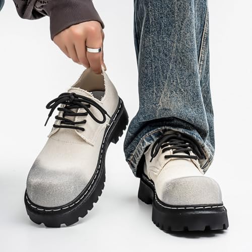 Men's Denim Lace Up Platform Oxfords Fashion Wingtip Round Toe Lug Sole Chunky Heel Heightening Derby Shoes Casual Work Office Business Dress Shoes4
