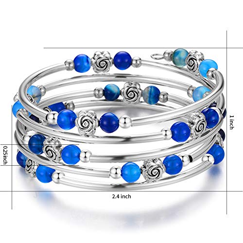 Bulinlin Wrap Bangle Rose Bead Bracelet - Beaded Bracelet With Natural Agate Stone Gifts For Women Girls (08-Agate Blue) #TOP2