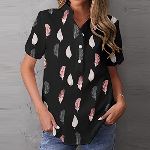 Work Blouse For Women Business Casual Feather Print V Neck Buttons Scoop Hem Short Sleeve Fit Summer Tops Black #TOP1