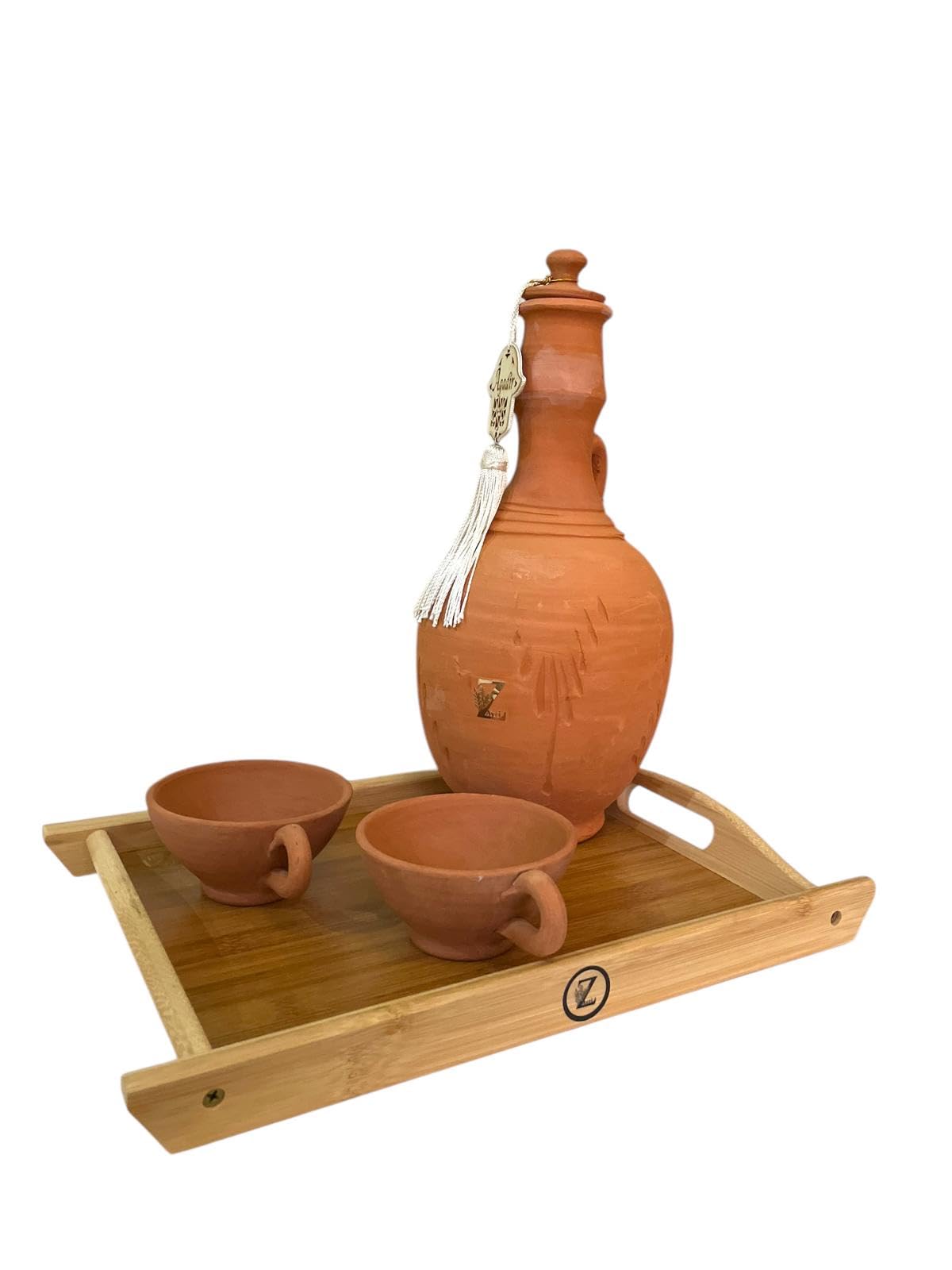 Jarre en Terre Cuite, pour Purifier Son Eau Naturellement - avec Deux Tasse et Un Plateau en bois, contenance 2l, 30cm +ou-