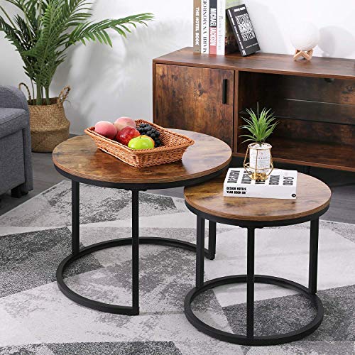 KOTPOP Industrial Nesting Coffee Table for Balcony Living Room,Modern Round Wooden Side Table Set of 2 with Sturdy Metal Legs and Easy Assemble, Rustic Brown