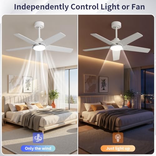 Image of 42 Inch Ceiling Fans with Lights and Remote for Bedroom Living Room Kitchen Home Office Indoor /Outdoor, 6CCT Dimmable, Dual Color 5 Blades, 6 Speed Reversible Quiet DC Motor, White /Wood Grain