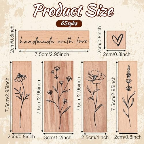 6 Stück Vintage Holzstempel,Stempel Holz, Blumen Motive Holzstempel Set,Naturpflanzen Mustern Vintage Motivstempel,für DIY Handwerk Basteln Scrapbooking