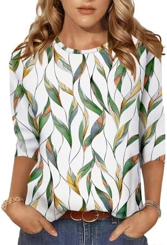NORACORA Women's 3/4 Length Sleeve Crew Neck T-Shirt - Printed Casual Basic Tops