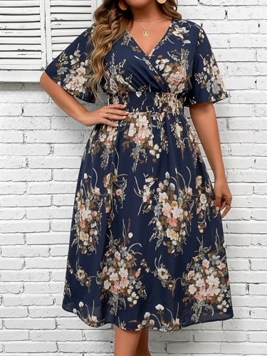 Image of Floerns Women's Plus Size Boho Hawaiian Tropical Dresses V Neck Short Sleeve Floral A Line Long Dress Vacation Beach Outfits