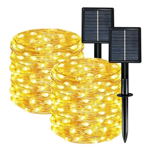 Solar String Lights Outdoor Waterproof 2 Pack Total 66ft 200LED 8 Modes Twinkle Lights Solar Fairy Lights for Patio, Garden Yard Party Wedding Tree Christmas Halloween Decoration, Warm White