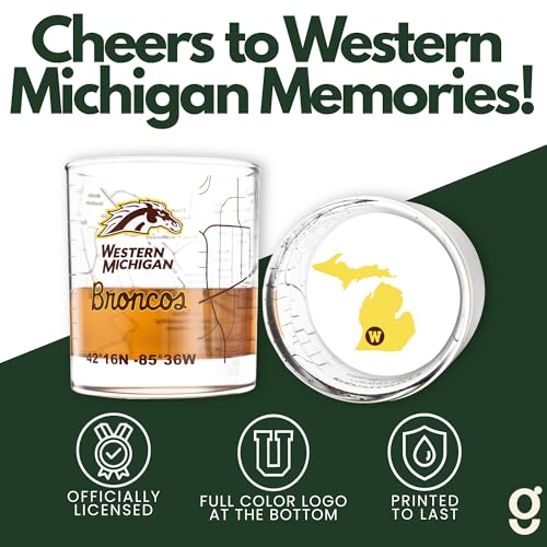 Image of Greenline Goods Western Michigan University Broncos Whiskey Glasses Set of 2, 10 oz Rocks Glasses with Full-Color Logo & Campus Map - Officially Licensed Bourbon Glass Gift for Alumni & Fans