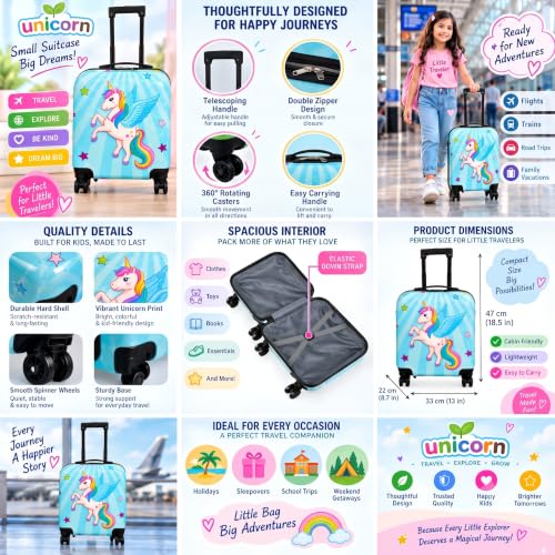 Image of Kids Carry On Luggage with Wheels,18-inch Hard Shell Suitcase Lightweight Toddler Rolling Trolly with Retractable Handle,Durable Hardside Spinner Trolly for Airplane Travel (Blue Unicorn)