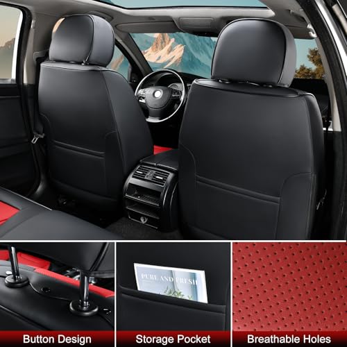 Image of Car Seat Covers Full Set, Breathable Leather Automotive Front and Rear Seat Covers & Headrest for Reduce The Driving Fatigue, Compatible with Most Vehicles, Cars (Black&Red, Front Pair and Rear)