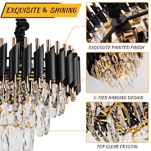 Image of SUANI Black Golden Italian K9 Crystal Pendant Ceiling Metal Chandelier | Chandelier for Living Room | Jhumar for Home | Jhoomar for Hotel | Chandelier Light, Black Gold, Round (400) mm