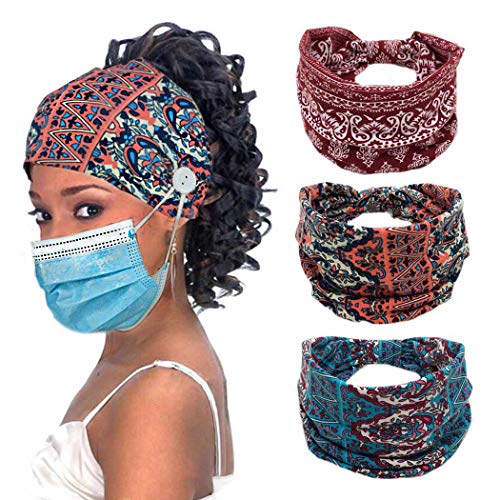 VFlowee Boho Bandeau African Headbands with Buttons for Face Mask Women Knotted Headband Wide Elastic Headwraps Sports Yoga Headwear Turban Hair Bands Hair Accessories (3PCS) (L)