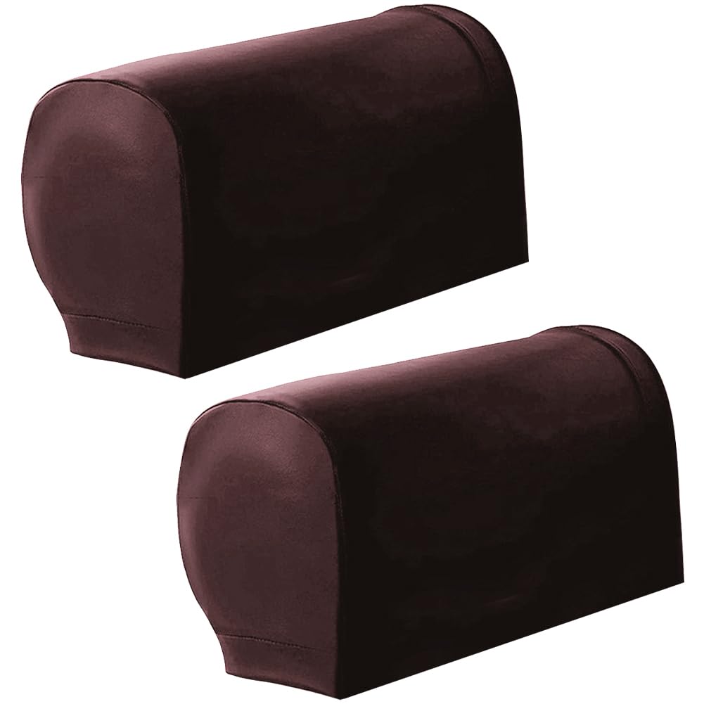 CALFOVERA 2PCS Dark Brown PU Leather Furniture Armrest Protector Vintage Non-Slip Leather Arm Rest Slipcovers Waterproof Armrest Covers Stretch Elastic Armchair Sleeves for Recliner Sofa Couch Chairs