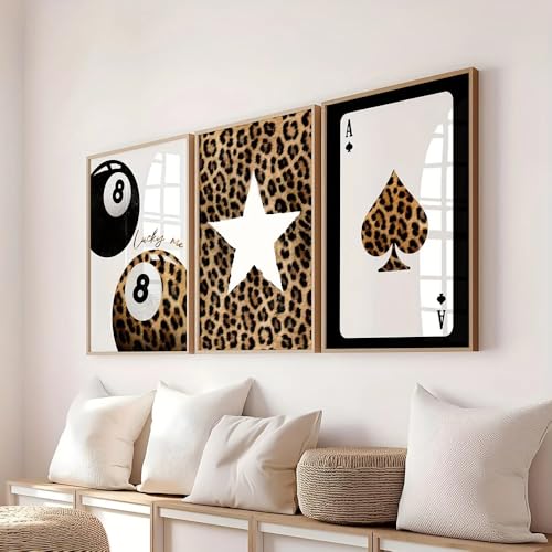 BeiYiHo 3 Tableau Decoration Murale Léopard Affiche Moderne Boule de Billard 8 Leopard Noir et Blanc Étoile Poster Mural Pop Art Impression sur Toile Deco Chambre Ado...