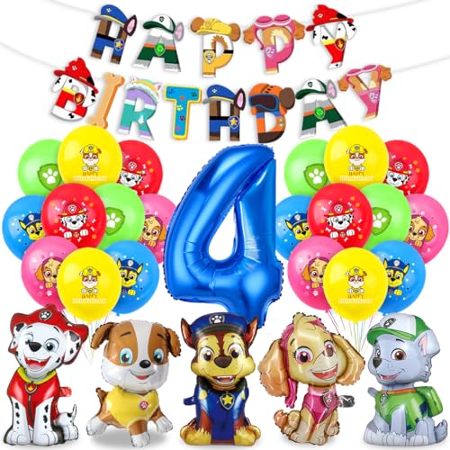 Patrol Geburtstag Deko 4 Jahre Paw Dog Luftballons Kindergeburtstag Hund Patrol Dog Blau luftballon 4 Geburtstag Paw Ballon Dekoration Happy Birthday Banner für 4 jahre Dog Patrol Party
