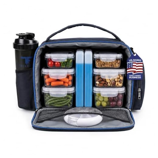 ThinkFit Insulated Meal Prep Lunch Box with 6 Food Portion Control Containers - BPA-Free, Reusable, Microwavable, Freezer Safe - With Shaker Cup, Pill Organizer, Shoulder Strap & Storage Pocket (Blue)
