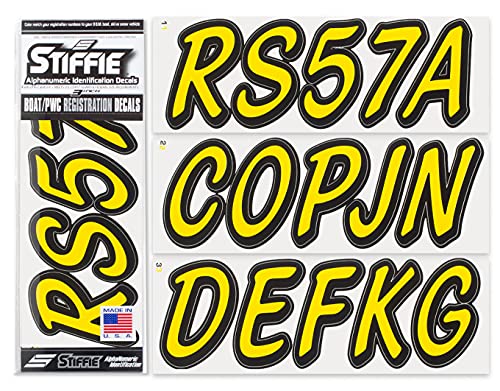 Image of STIFFIE Whipline Solid Electric Yellow /Black 3 inch Alpha-Numeric Registration Identification Numbers Stickers Decals for Boats & Personal Watercraft