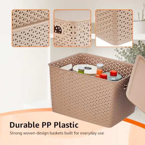 Image of Amazon Basics Set of 3 (Small, Medium, Large) Plastic Storage Baskets with Lid Stackable Shelf Basket, Storage Box & Organiser for Wardrobe, Kitchen,Clothes, Toys, Books, Office (Biscuit, Rectangular)