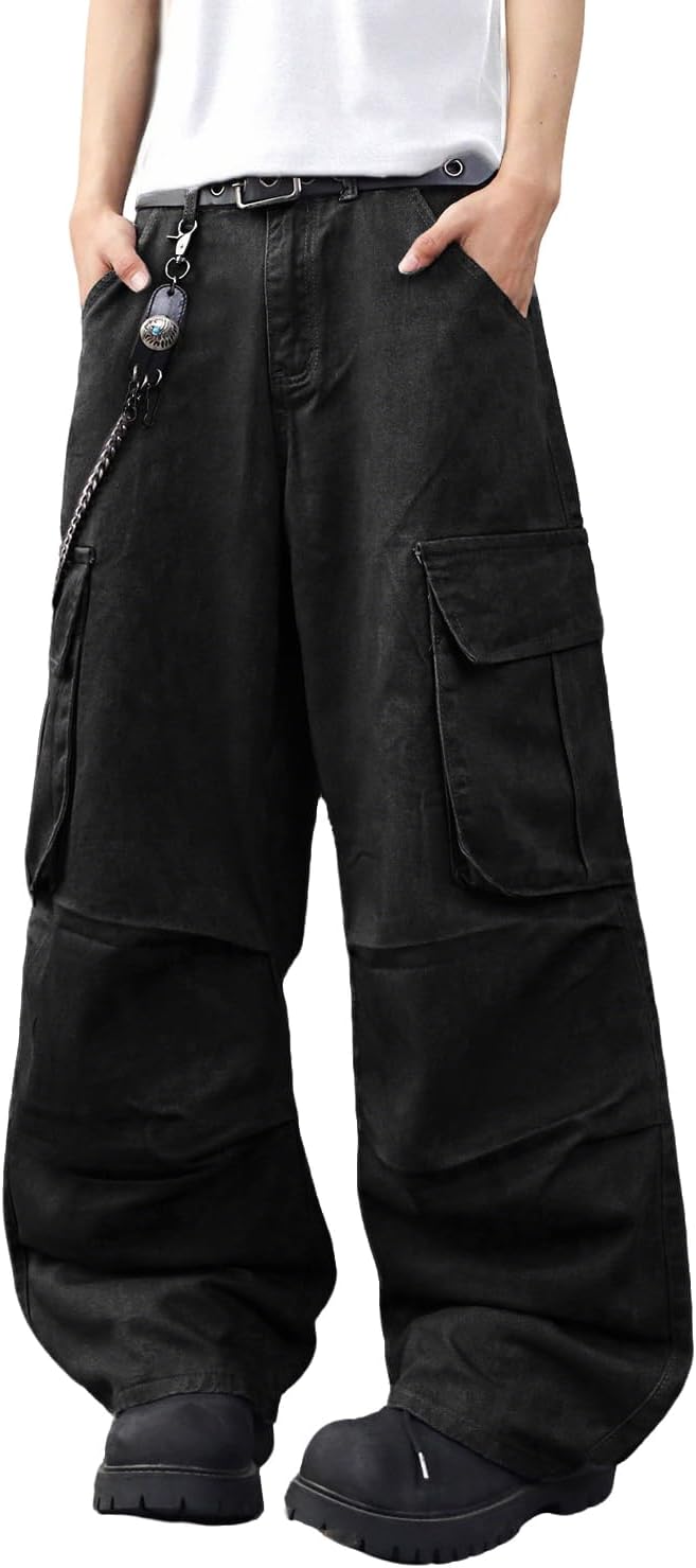DFGIGT Mens Denim Baggy Pants with Cargo Pockets Mid Weight Casual Streetwear Wide Leg Jeans Hip Hop Skater Trousers