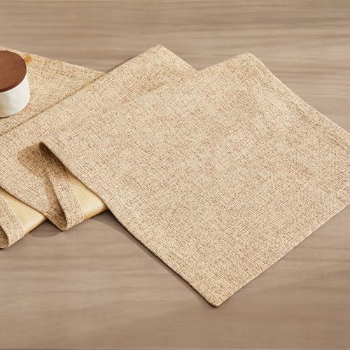 Image of ZeeMart Burlap Style Farmhouse Table Runner, 14x60 Inches Oatmeal Beige | Thick Durable Fabric, Mitered Corner Design, Rustic Woven Dining Table Runner, Machine Washable Everyday Table Scarf