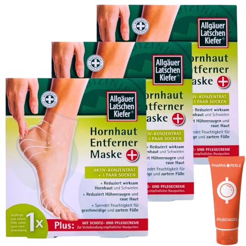 Allgäuer Latschenkiefer Hornhaut Entferner Maske Plus I Fußpflege gegen Hornhaut & Schwielen I Komplett-Set mit Aktiv-Konzentrat, Socken, Schutzcreme & Fußbad I Spar-Set plus Pharma Perle give-away 3x