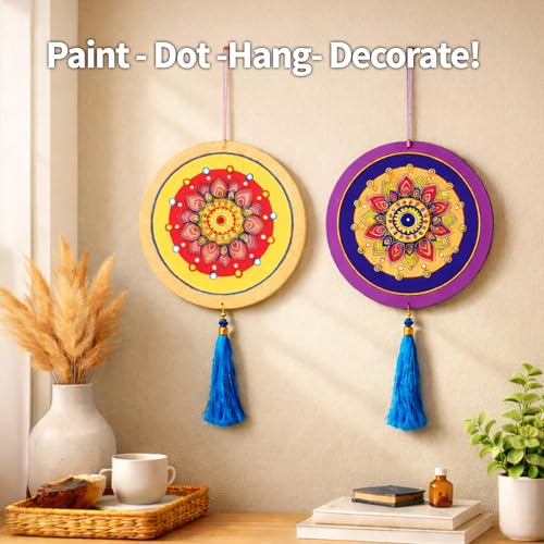 Image of Mind Pilot Dot Mandala Coaster Painting Kit for Adults | 4 Pre-Marked 4 inch + 2 Pre-Marked 7 inch MDF Coasters & Hangings | Lotus Stand | 6 Acrylic Paints, Dotting Tools & Brushes | DIY Home Decor & Return Gift | Beginner Friendly