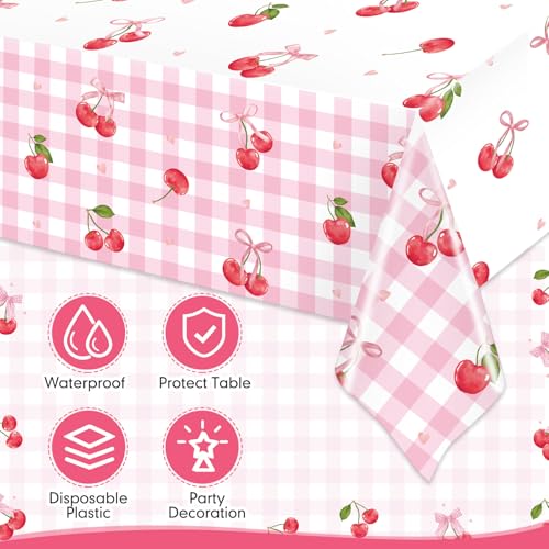 Image of Ganeen 3 Pcs Cherry Birthday Decorations Pink Bows Cherry Tablecloths Disposable Plastic Gingham Rectangle Table Cover Waterproof for Birthday Baby Shower Wedding Party Supplies, 54 x 108 Inch