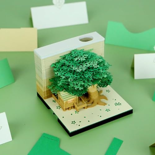 MEICHI 3D Notizblock, nicht verklebt, 3D Baumhaus (Grün) Papierkunst mit Anzeigebox glasklar, 9 x 9 x 6 cm, 260 Blätter, Tischdeco