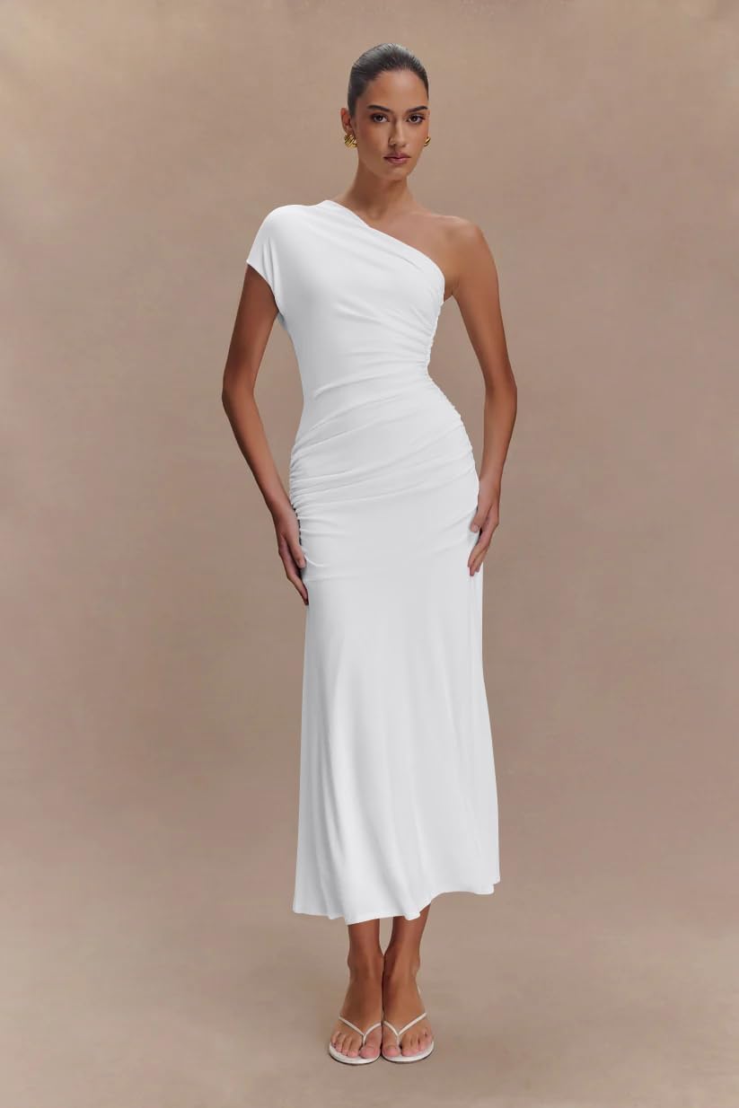 Memoriesea Women's Elegant One Shoulder Sleeveless Ruched Bodycon Cocktail Party Midi Dress - Image 2