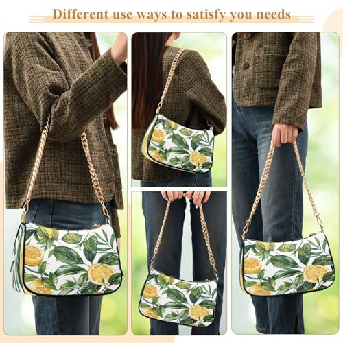 Image of Shoulder Bags for Women Vintage Yellow Lemon Fruit and Blue Print Hobo Tote Handbag Small Clutch Purse with Zipper Closure