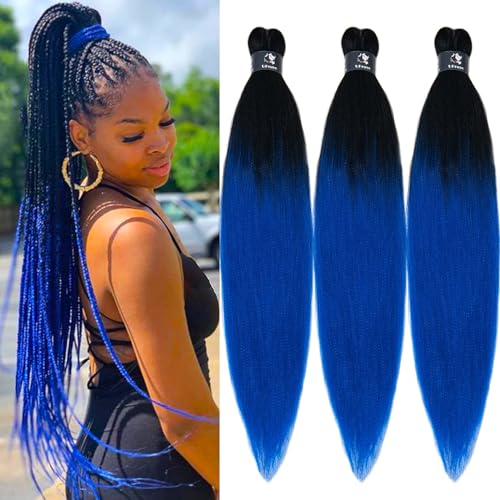 UPruyo Blue Ombre Braiding Hair for Braiding 26 inch Pre Stretched Braiding Hair Ombre Kanekalo Pre-Stretched Prestretched Braiding Hair Extensions (Ombre Blue-3 Packs)