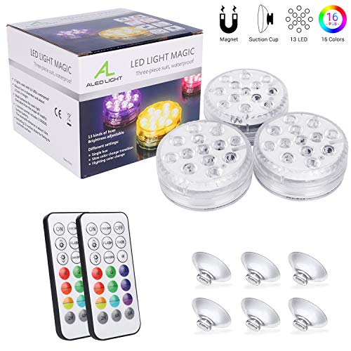 Lampe LED Submersible Étanche, ALED LIGHT Lampe Sous-marine Lot de 3 lampes RVB 13LEDs avec Ventouses et Télécommande, Salle de bain pour Enfants, Vase, Baignoire, Piscine, Aquarium, Décoration