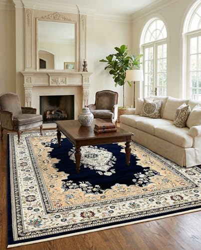 Rugs.com Rabia Collection Rug – 10' x 13' Navy Blue Low Rug Perfect for Living Rooms, Large Dining Rooms, Open Floorplans