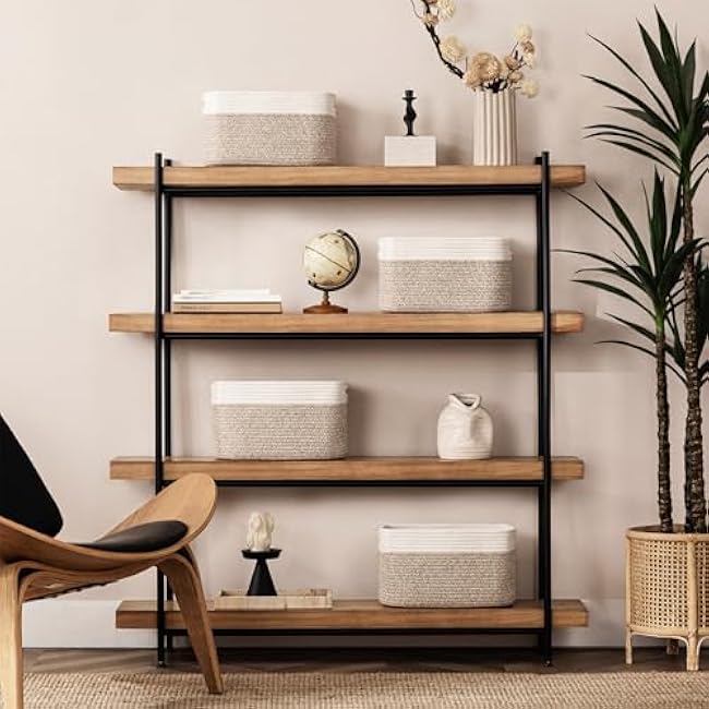 UBBCARE 4 Pack Storage Basket for Shelves, Woven Baskets for Organizing, Durable Organizer Baskets Storage Bins for Bookshelf, Toys, Towels, Clothes, 13''Lx9''Wx7.5''H, White&Light Brown