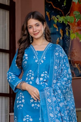 Image of PARTHVI Women's Pure Cotton Printed Straight Kurta Set with Palazzo Pants & Dupatta- Ethnic Wear, Green