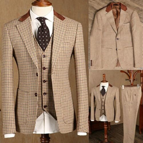 Men's Houndstooth Suit 3 Pieces Two Buttons Business Tuxedos Wedding Dinner Jacket Pants Vest3