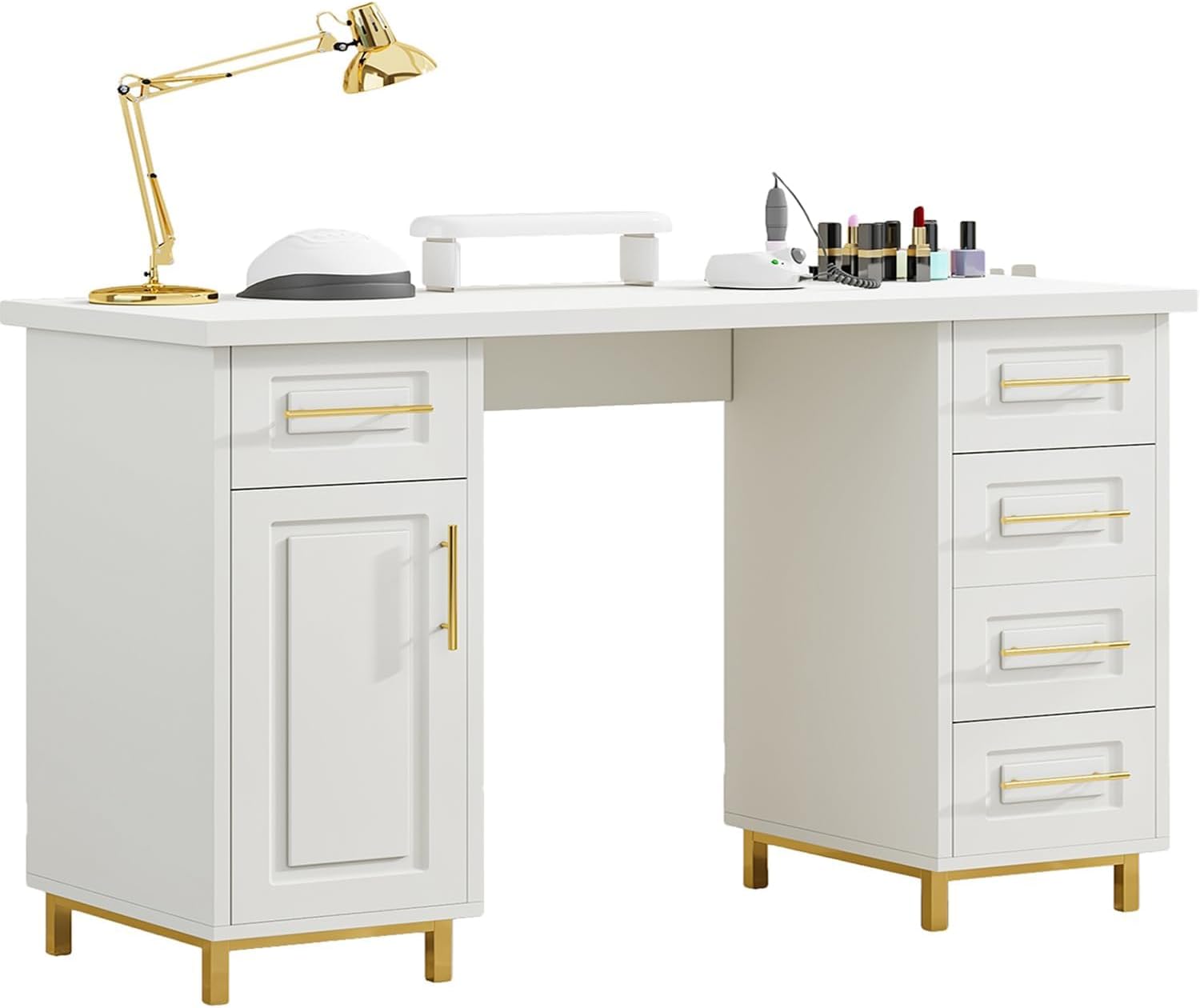 MaverickFurni Nail Tech Desk for Nail Tech, 43 Inch Wooden Manicure Table with Storage, Nail Table with 5 Drawers and Cabinet, Manicure Desk Nail Station (White)
