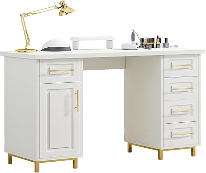 MaverickFurni Nail Tech Desk for Nail Tech, 43 Inch Wooden Manicure Table with Storage, Nail Table with 5 Drawers and Cabinet, Manicure Desk Nail Station White