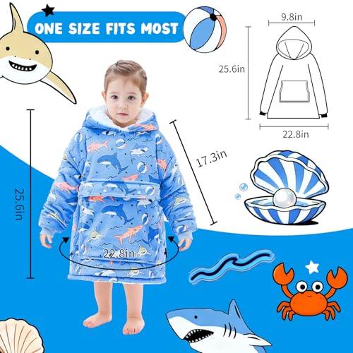 yescool Glow in The Dark Wearable Blanket Hoodie for Kids Toddlers 2-6YR Old Gifts, Oversized Blanket Sweatshirt with Sherpa for Christmas Thanksgiving Birthday Gifts, One Size, Shark