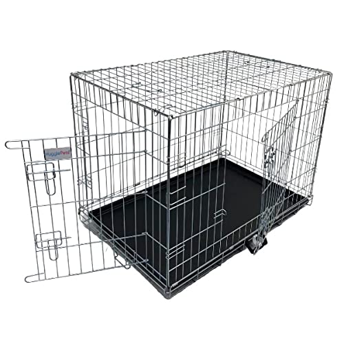 HugglePets Dog Puppy Cage Plastic Tray 2 Doors Dual Locks Foldable Carry Handle Lightweight (X-Small, Silver)