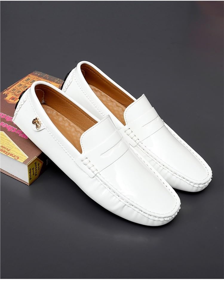 Battle Men Men's PU Leather Penny Moccasins Slip-On Driving Loafers Lightweight Casual Shoes with Flexible Anti-Slip Rubber Sole(White,12 M US)4