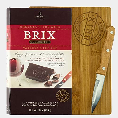 Brix Chocolate 4 Flavours Gift Box - Medium Dark, Extra Dark, Smooth Dark, Milk Chocolate Bars- Premium Cherry Cutting Board&Knife-Gluten Free -Chocolates Packed in Ready for Gift - 4 x 4 oz